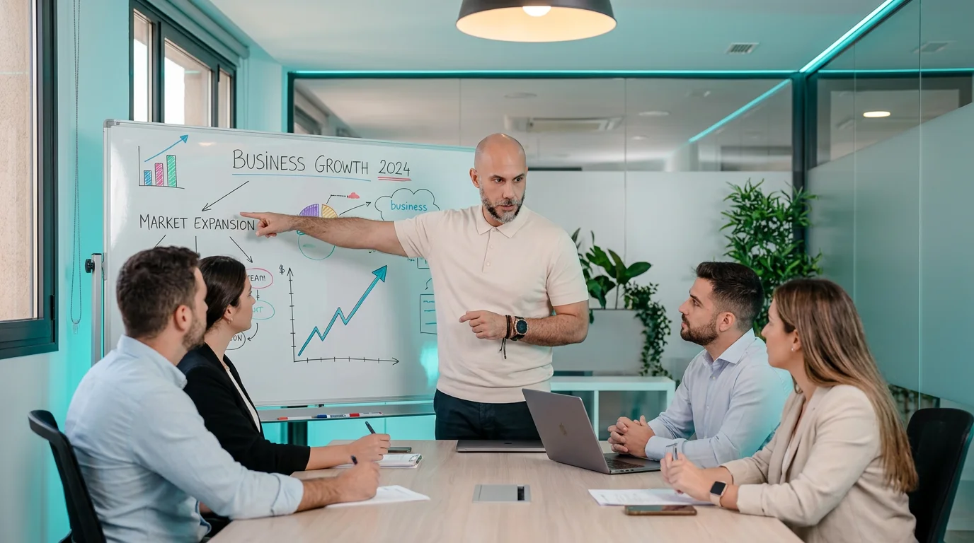 Consultor digital liderando una sesión de estrategia con diagramas de crecimiento