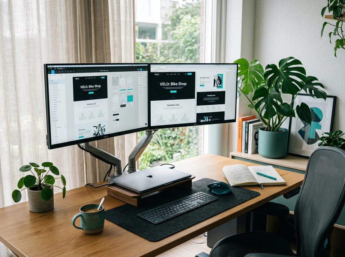 Espacio de trabajo de diseño web con wireframes y mockups en pantalla