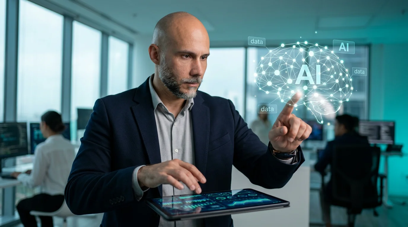 Consultor de tecnología interactuando con visualización de inteligencia artificial