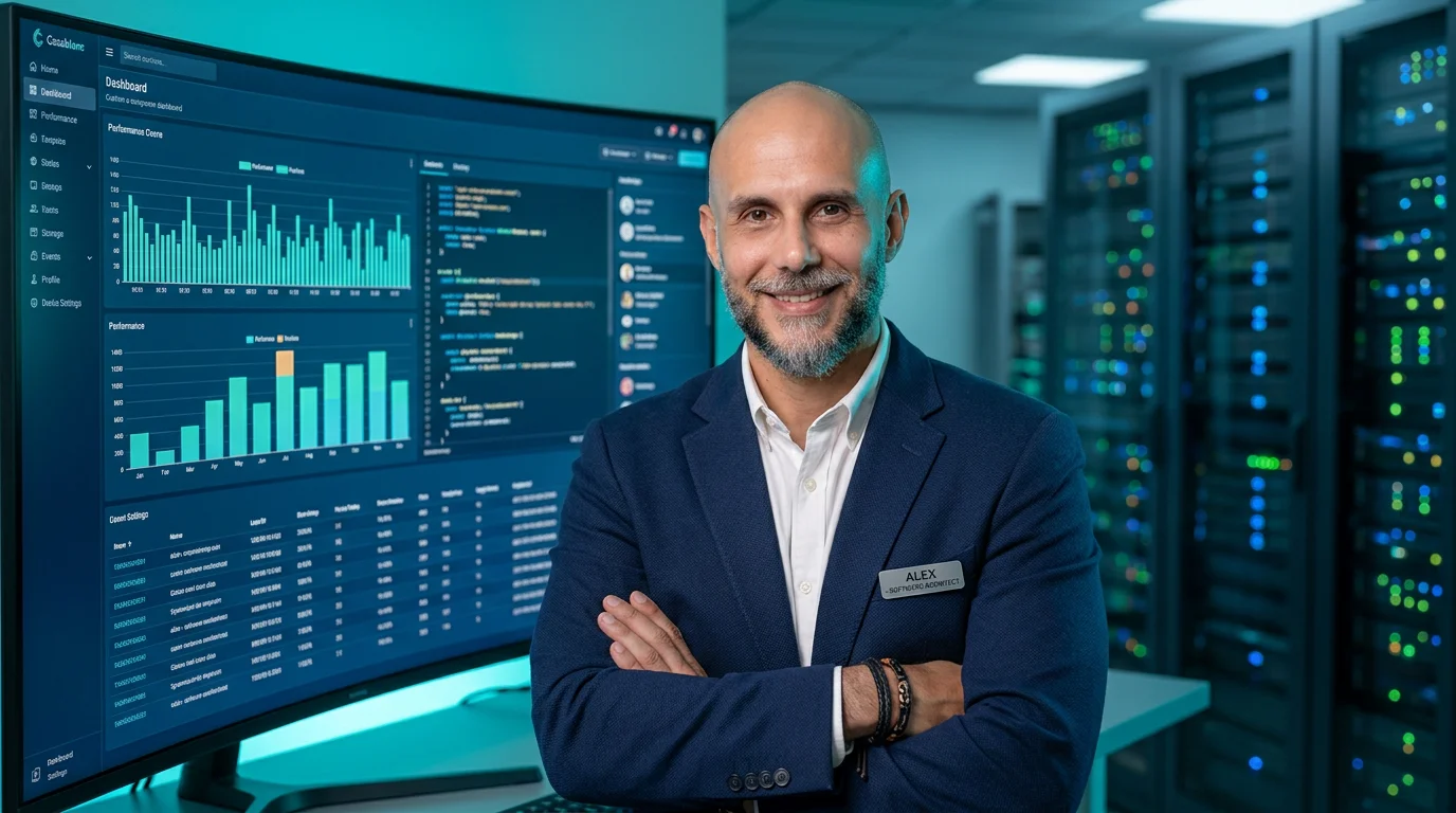 Arquitecto de software frente a un dashboard de plataforma a medida