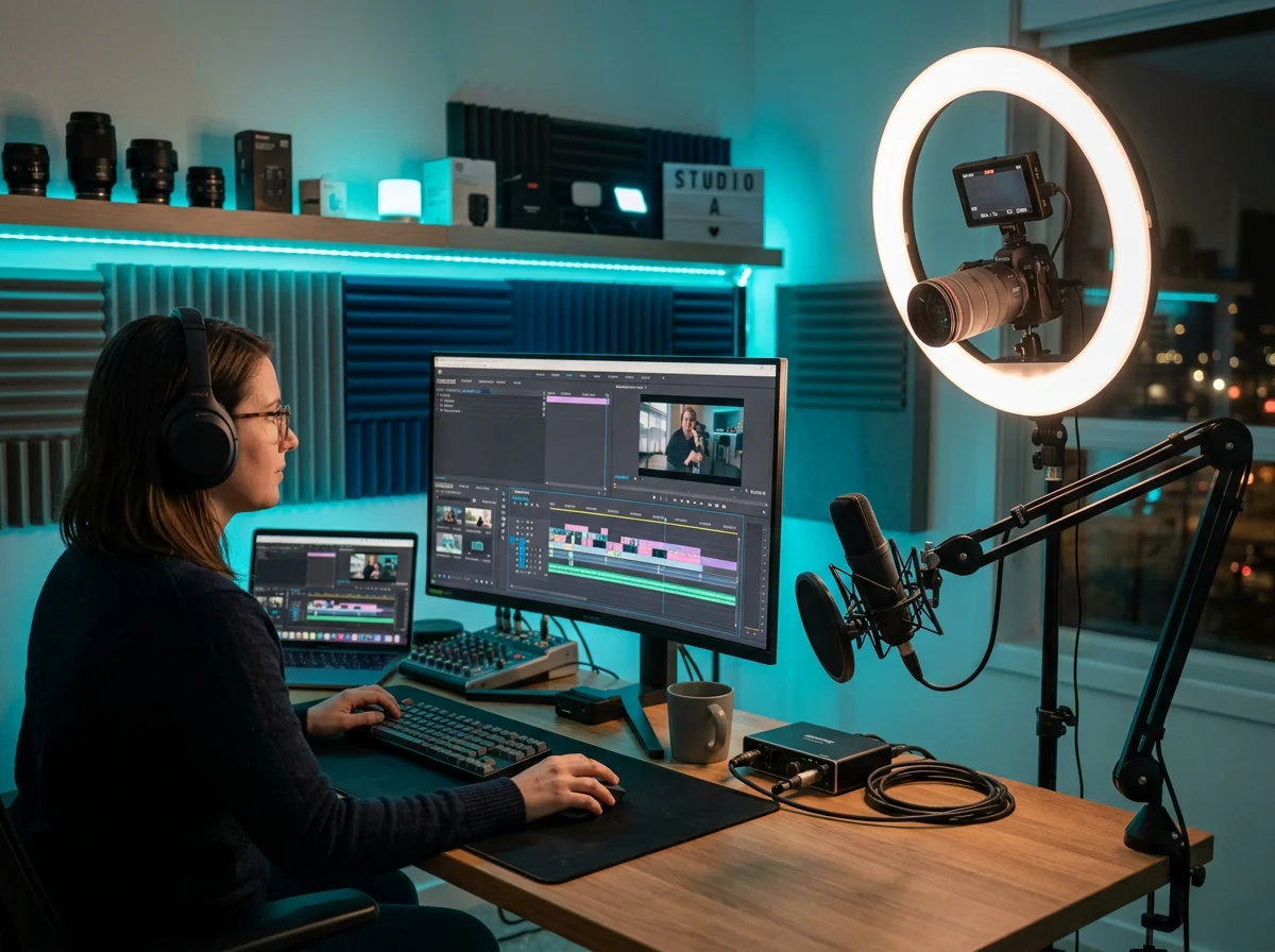 Estudio de producción de video con equipo de iluminación