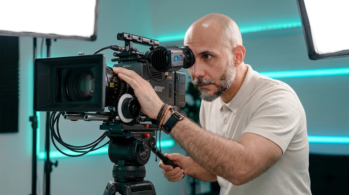 Creador de contenido grabando con cámara profesional en set de video
