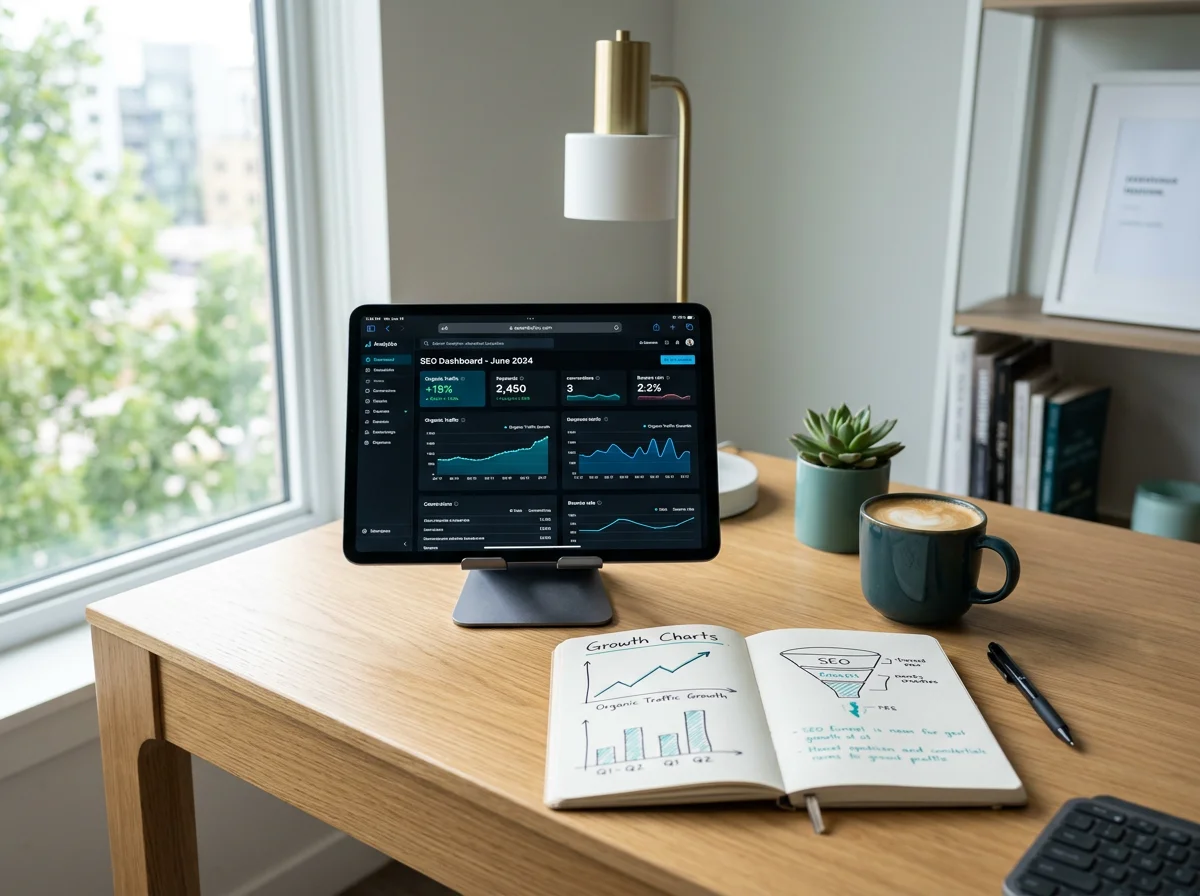 Escritorio con analítica SEO y métricas de crecimiento